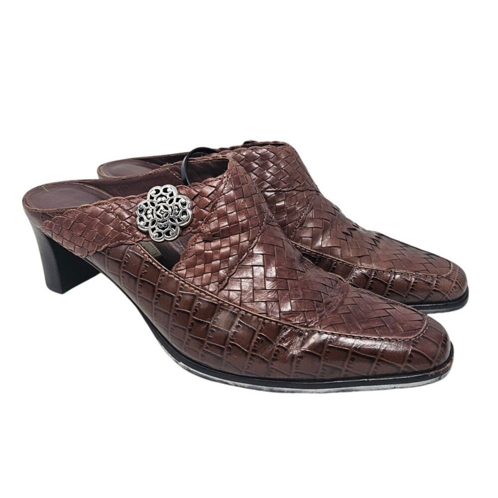 Vintage 90s Brighton 7 Twain Brown Woven Leather Heel Mule Cottage Western
